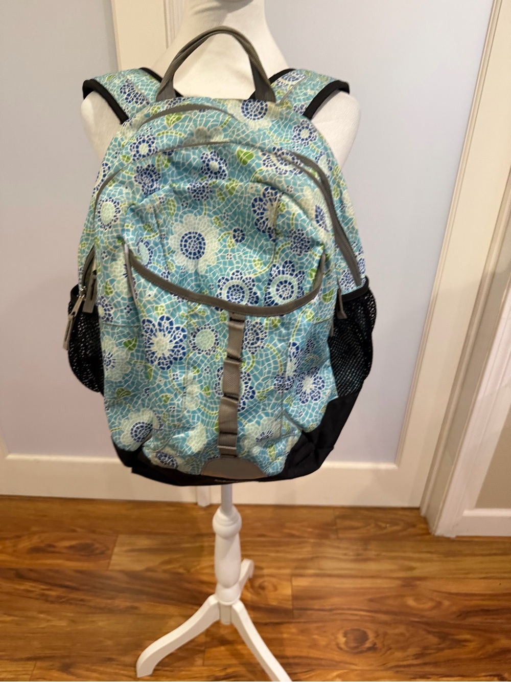 L.L. Bean Light Blue Floral Mosaic Backpack with Navy Accents